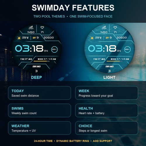 SwimDay feature guide showing swim, health and weather fields