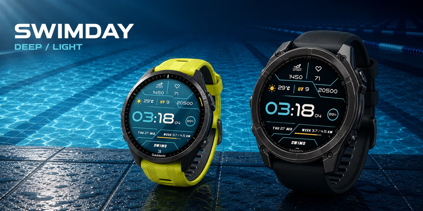 SwimDay DEEP LANE shown on two Garmin watches beside a swimming pool